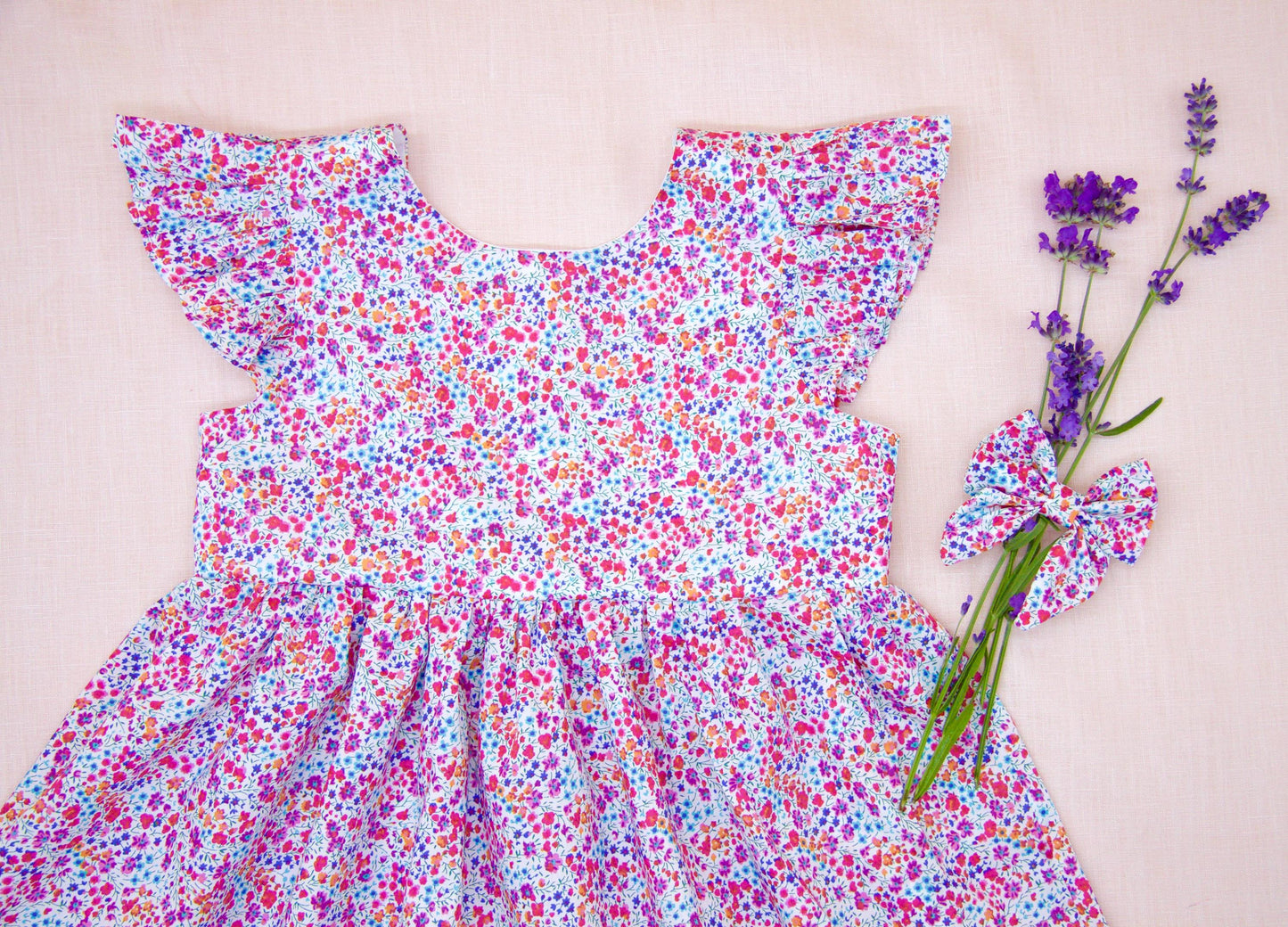 Liberty London Floral Print Sun Dress, Ruffle Handmade Cotton Tana Lawn Pink Purple Dress