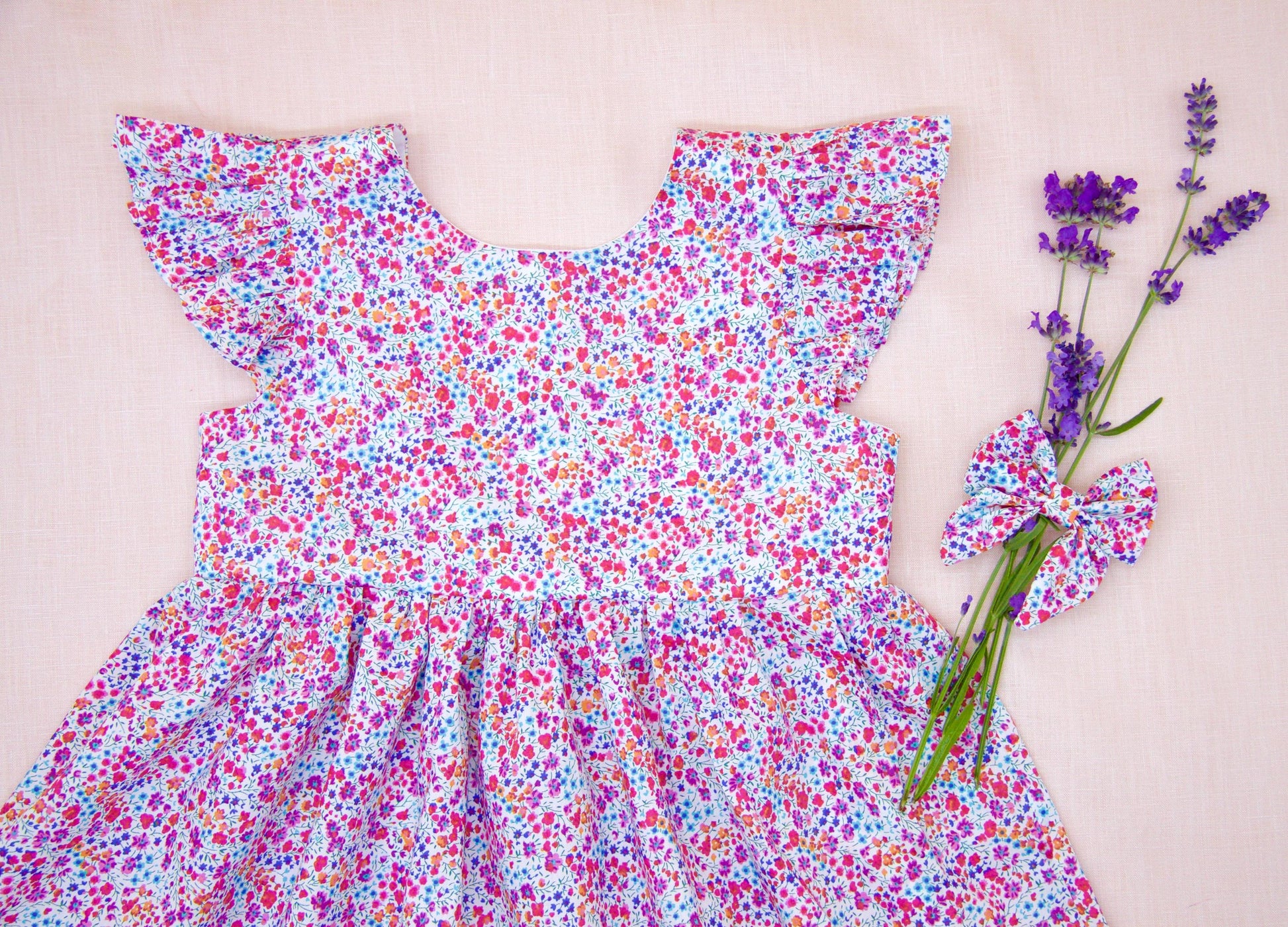 Liberty London Floral Print Sun Dress, Ruffle Handmade Cotton Tana Lawn Pink Purple Dress