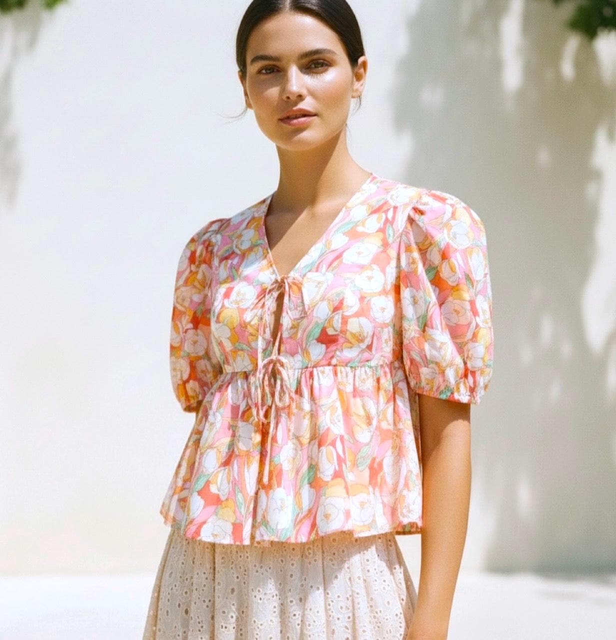 Liberty London V-Neck Peplum Blouse, Puffy Half Sleeves Ditsy Floral Print Top, Handmade Clothing