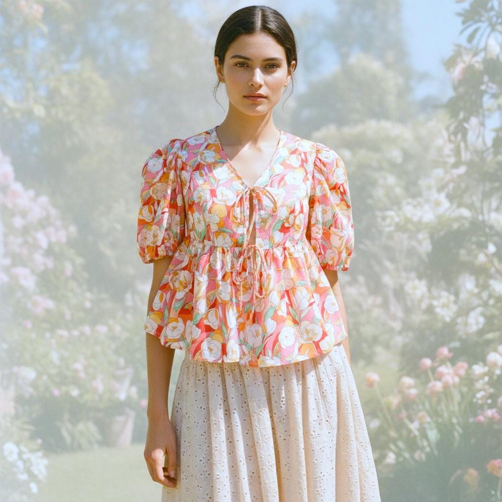 Liberty London V-Neck Peplum Blouse, Puffy Half Sleeves Ditsy Floral Print Top, Handmade Clothing