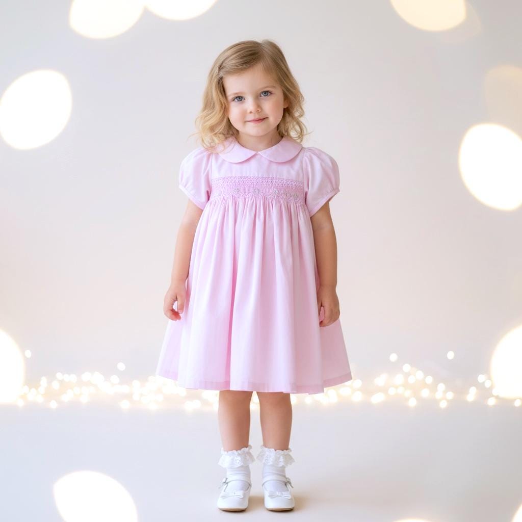 Vintage Style Pink Smocked Dress with Rose Embroidery 5Y 6Y