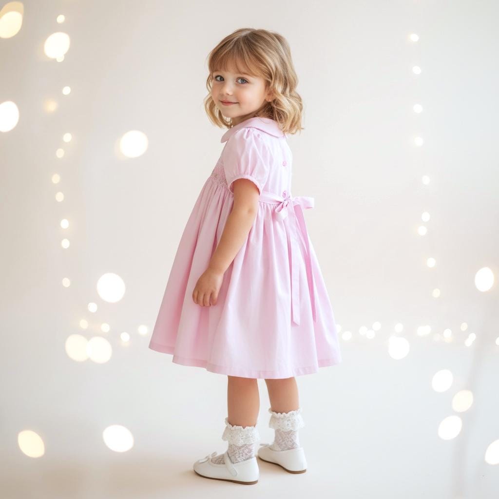 Vintage Style Pink Smocked Dress with Rose Embroidery 5Y 6Y