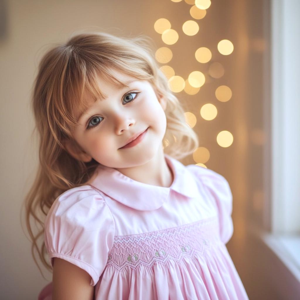 Vintage Style Pink Smocked Dress with Rose Embroidery 5Y 6Y