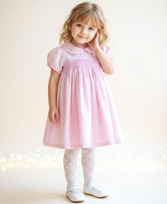 Vintage Style Pink Smocked Dress with Rose Embroidery 5Y 6Y