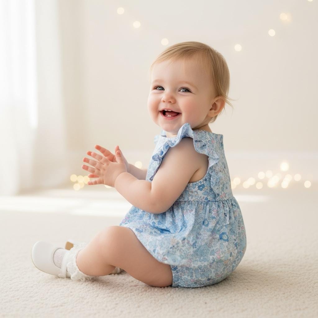 Liberty London Blue Bubble Playsuit Romper, Floral Print Cotton Tana Lawn Sleeveless Handmade Sunsuit
