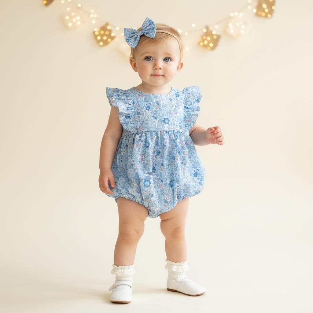 Liberty London Blue Bubble Playsuit Romper, Floral Print Cotton Tana Lawn Sleeveless Handmade Sunsuit