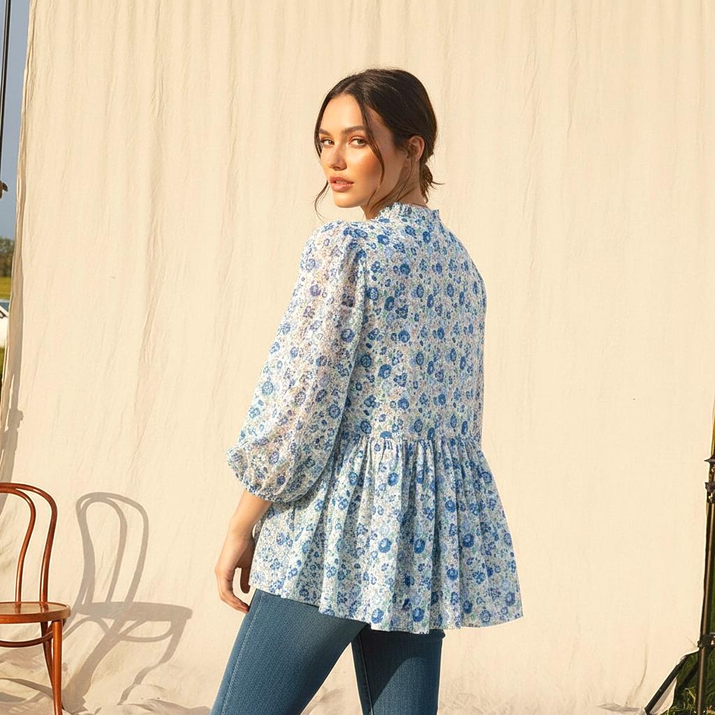 Liberty London Blue Felicite V-Neck Peplum Blouse, 3/4 Sleeves Puffy Ruffle Collar Handmade Top