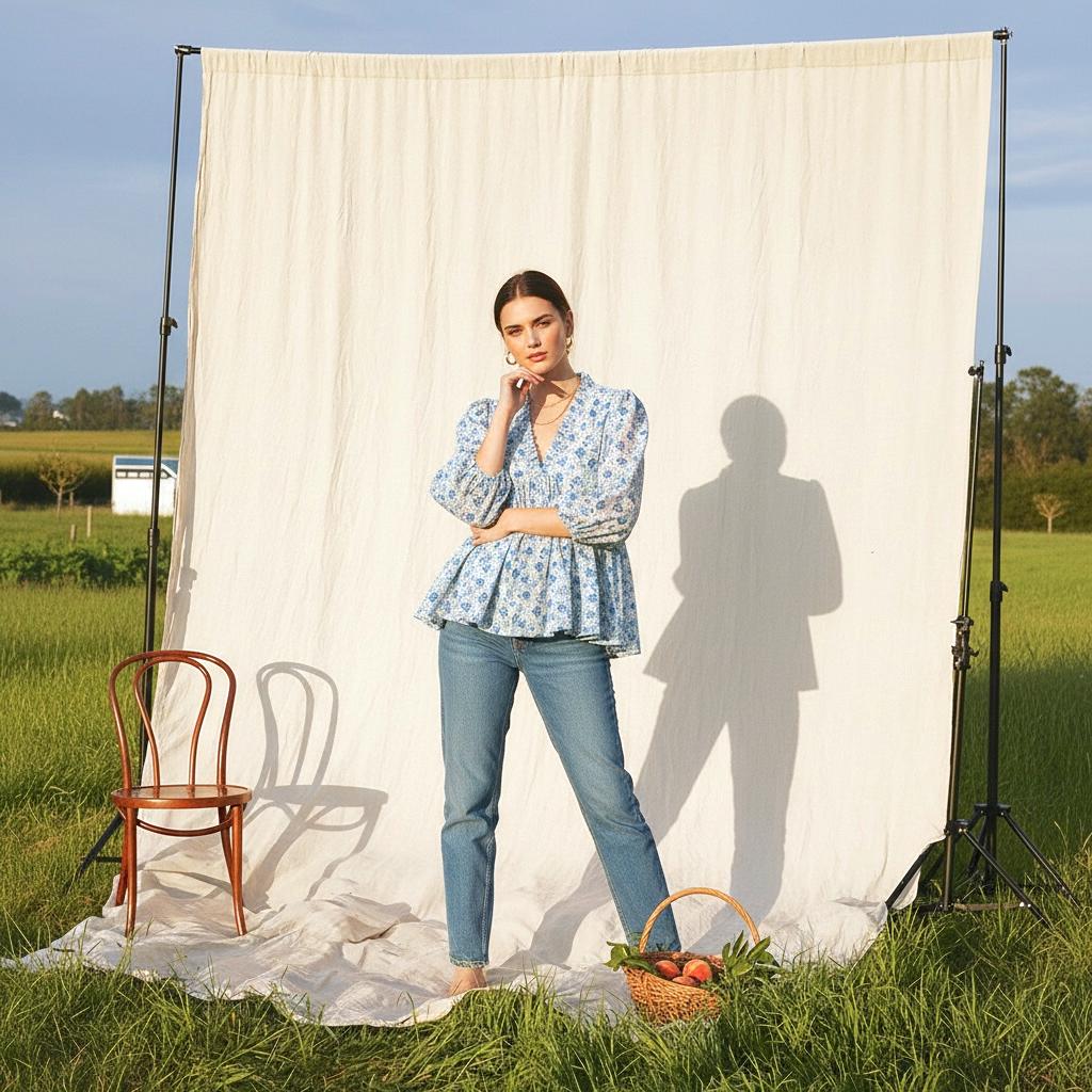 Liberty London Blue Felicite V-Neck Peplum Blouse, 3/4 Sleeves Puffy Ruffle Collar Handmade Top