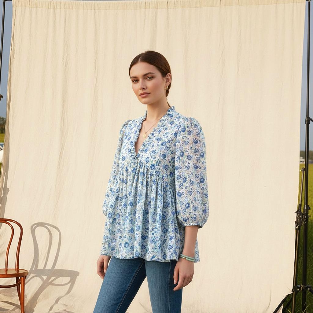 Liberty London Blue Felicite V-Neck Peplum Blouse, 3/4 Sleeves Puffy Ruffle Collar Handmade Top