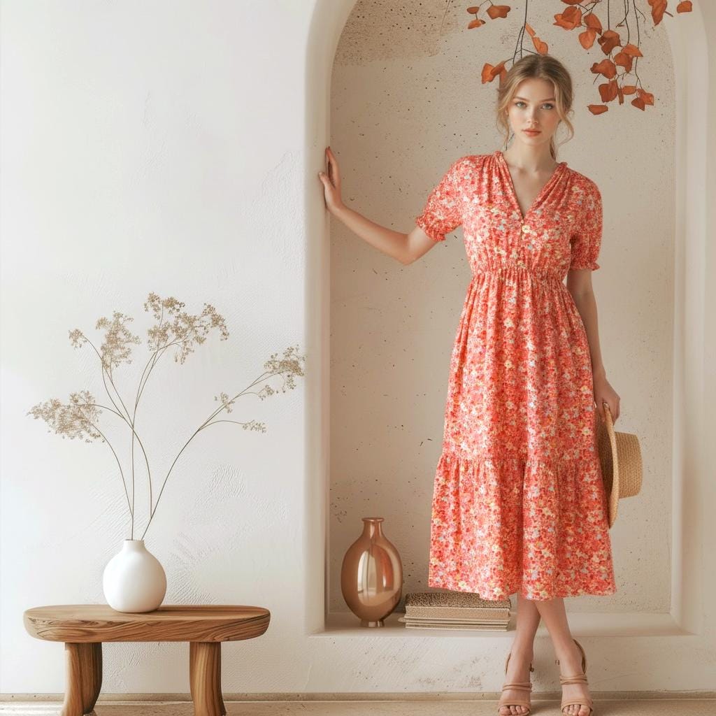 Liberty London V-Neck Smock Midi Sun Dress, Ditsy Floral Short Puffy Sleeves Handmade Dress