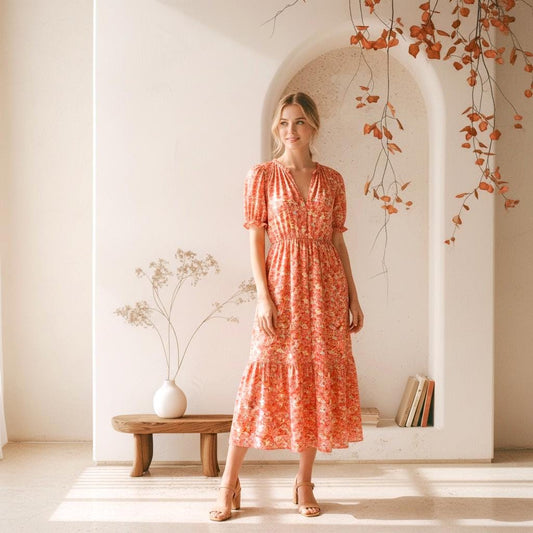 Liberty London V-Neck Smock Midi Sun Dress, Ditsy Floral Short Puffy Sleeves Handmade Dress