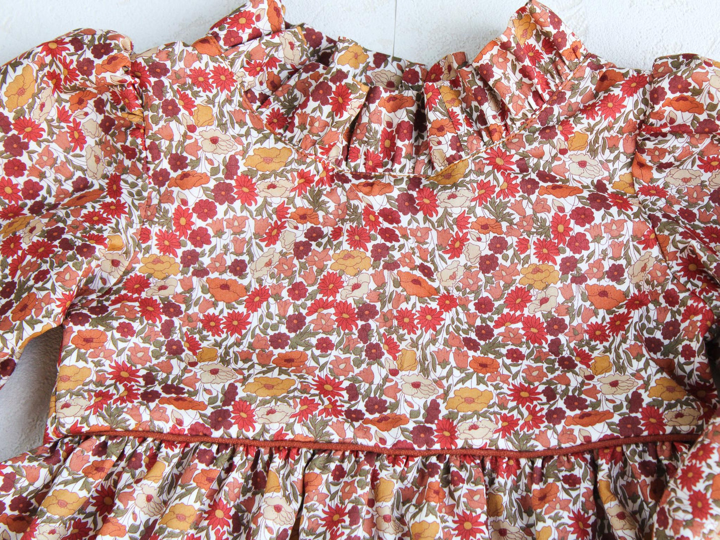 Liberty London Girl Dress, Rust Floral Cotton Tana Lawn, Ruffle Collar, Handmade