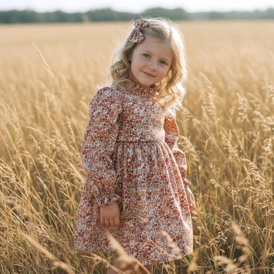 Liberty London Girl Dress, Rust Floral Cotton Tana Lawn, Ruffle Collar, Handmade