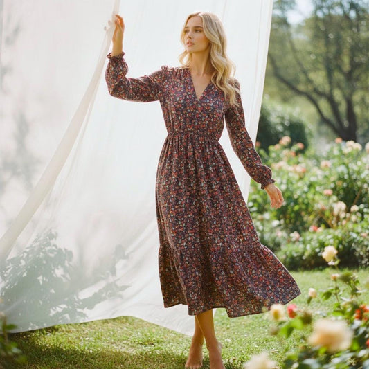 Liberty London Floral Print V-Neck Midi Smock Dress, Navy Purple Long Sleeves Handmade Dress