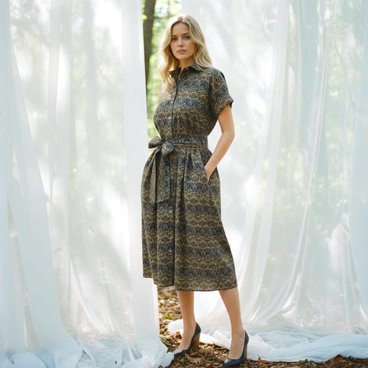 Liberty London Midi Shirt Dress, Drop Shoulder Short Sleeves Navy Gold Print Handmade Clothing