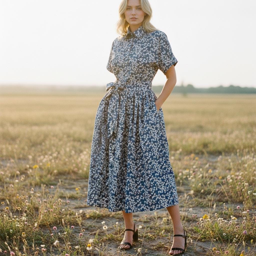 Liberty London Midi Shirt Dress, Drop Shoulder Short Sleeves Blue White Floral Handmade Clothing