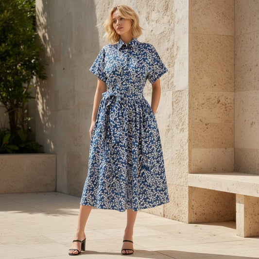 Liberty London Midi Shirt Dress, Drop Shoulder Short Sleeves Blue White Floral Handmade Clothing