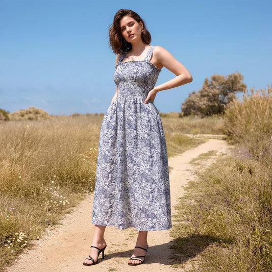 Liberty London Navy White Floral Print Smock Shirred Sun Dress, Cotton Handmade Beach Dress