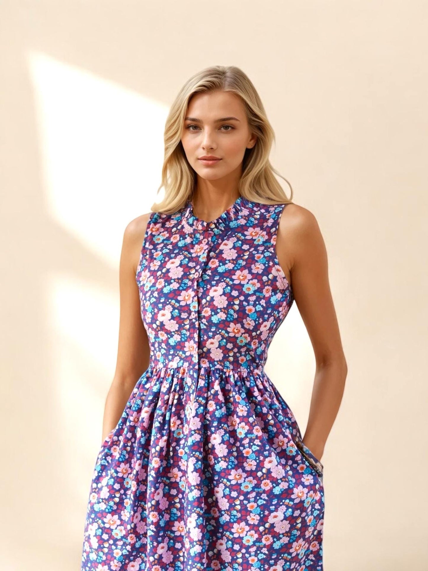 Liberty London Floral Midi Dress, Ruffle Collar Sleeveless Cotton Sun Dress, Size US 4