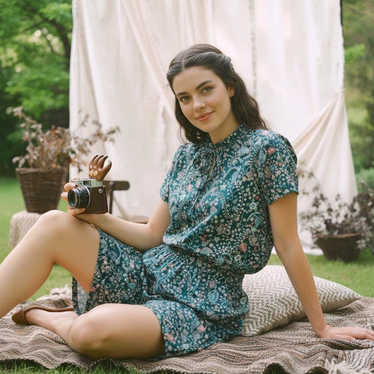 Liberty London Floral Print Lounge Set, Ruffle Collar Short Sleeve Top Wide Leg Shorts