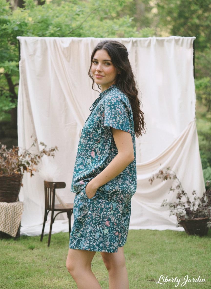 Liberty London Floral Print Lounge Set, Ruffle Collar Short Sleeve Top Wide Leg Shorts