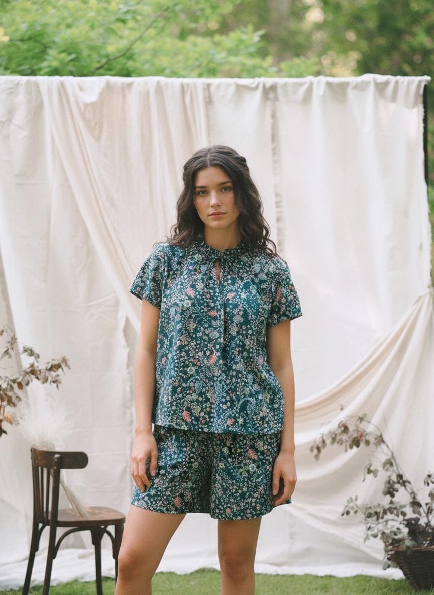 Liberty London Floral Print Lounge Set, Ruffle Collar Short Sleeve Top Wide Leg Shorts