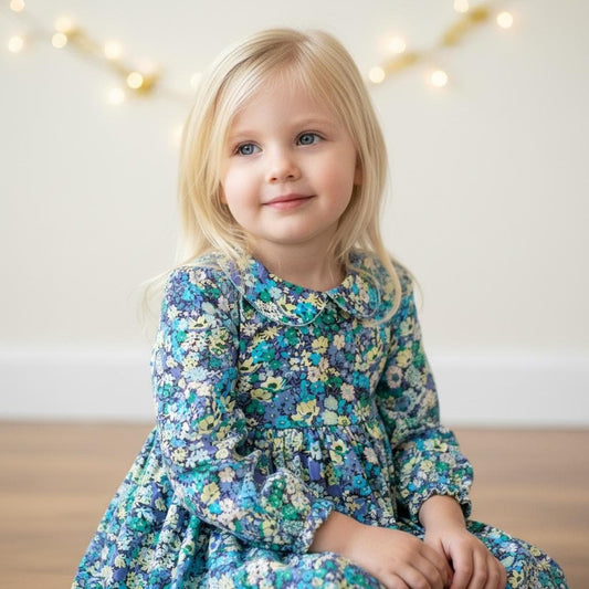 Liberty London Peter Pan Collar Long Sleeves Dress, Green Blue Floral Print Handmade Dress
