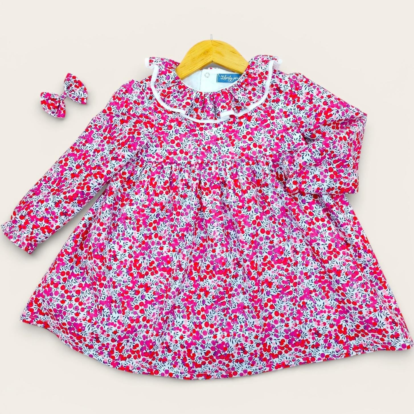 Handmade Liberty London Dress, Red Floral Cotton Tana Lawn, Pierrot Collar