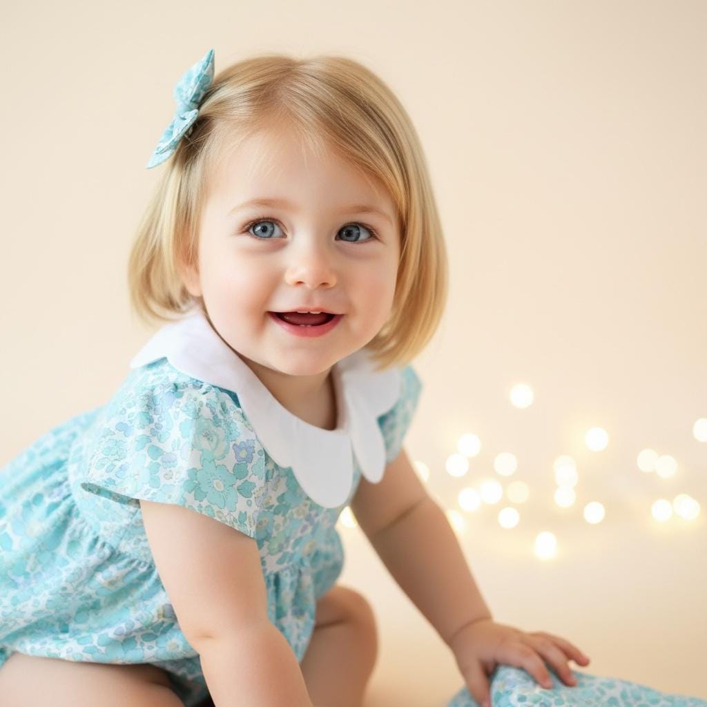 Liberty London Floral Print Bubble Romper, Pastel Blue Collared Short Sleeves Cotton Handmade Playsuit