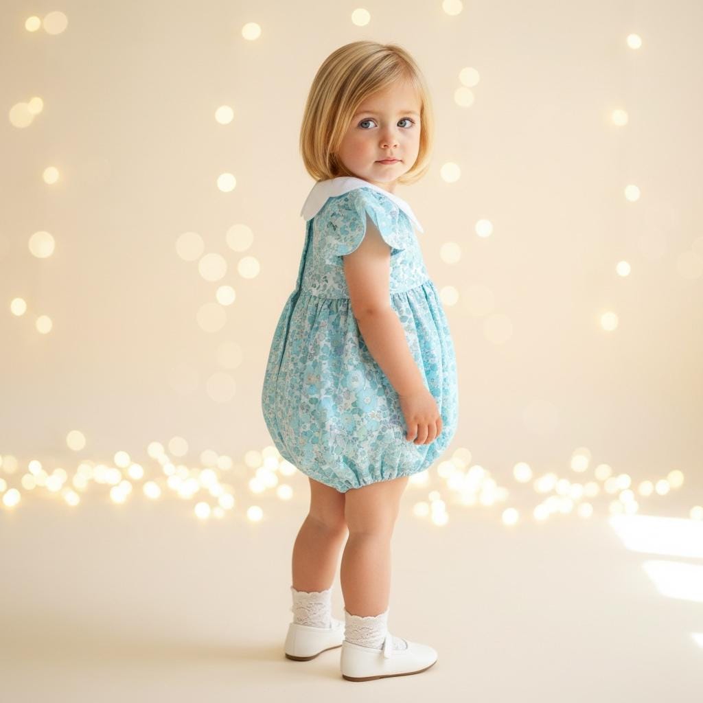 Liberty London Floral Print Bubble Romper, Pastel Blue Collared Short Sleeves Cotton Handmade Playsuit
