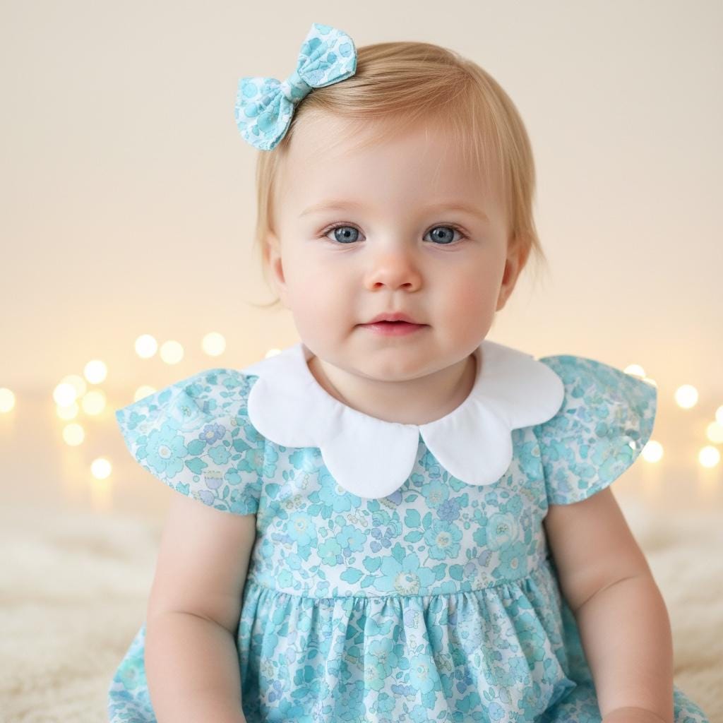 Liberty London Floral Print Bubble Romper, Pastel Blue Collared Short Sleeves Cotton Handmade Playsuit