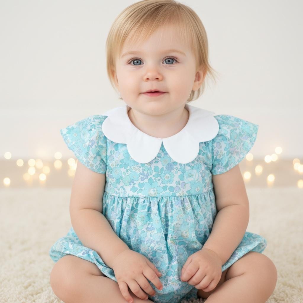 Liberty London Floral Print Bubble Romper, Pastel Blue Collared Short Sleeves Cotton Handmade Playsuit