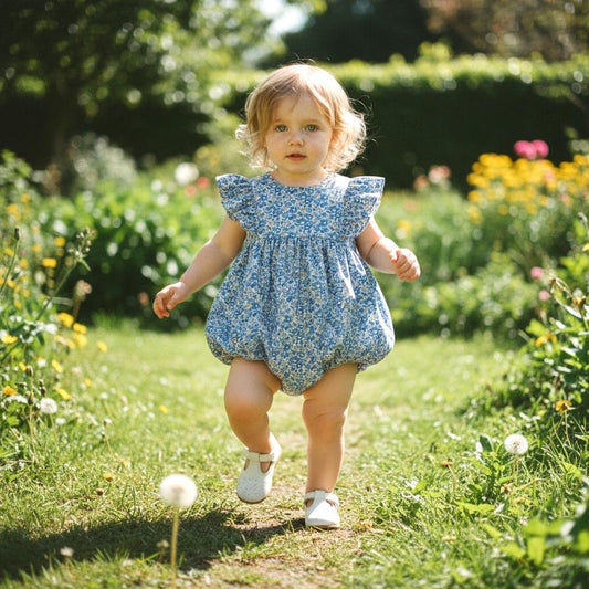 Liberty London Baby Bubble Romper, Ditsy Floral Print Playsuit, English Cotton Tana Lawn Onesie