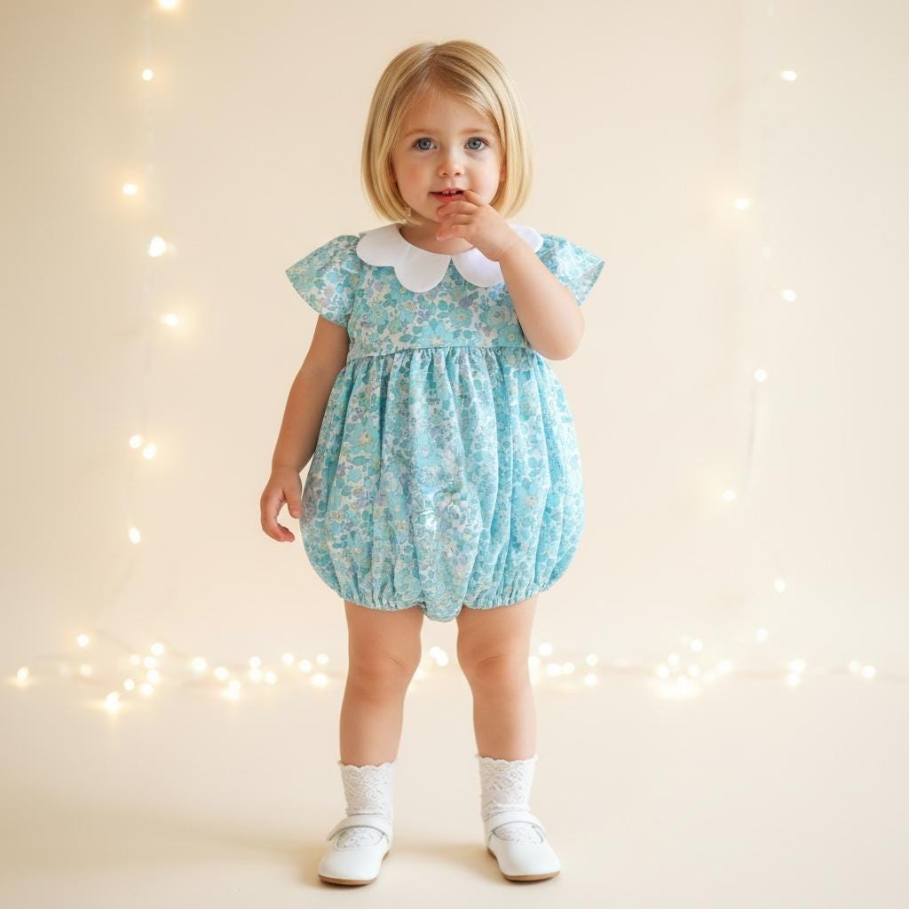 Liberty London Floral Print Bubble Romper, Pastel Blue Collared Short Sleeves Cotton Handmade Playsuit