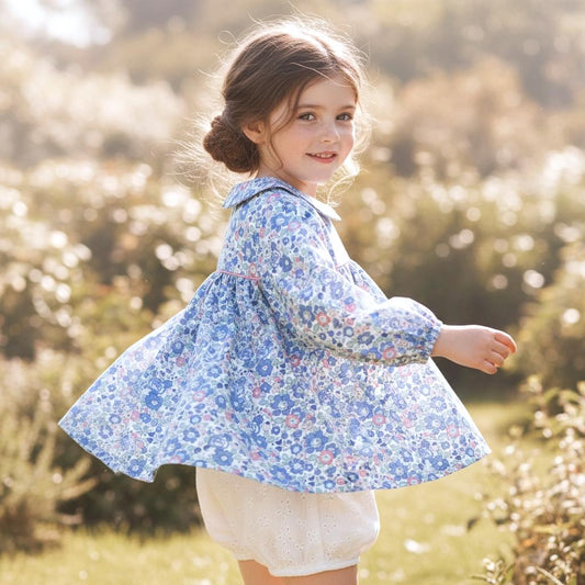 Liberty London Peter Pan Collar Smock Top, Long Sleeves Blue Betsy Floral Print Blouse
