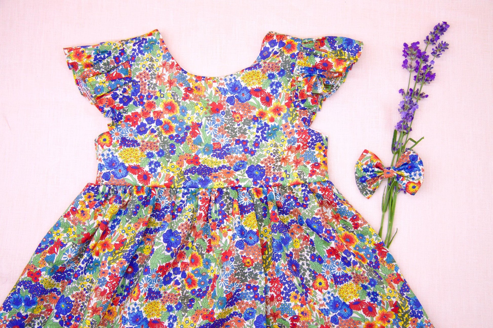 Liberty London Flutter Sleeveless Sun Dress, Rainbow Floral Print Handmade Cotton Tana Lawn Clothing