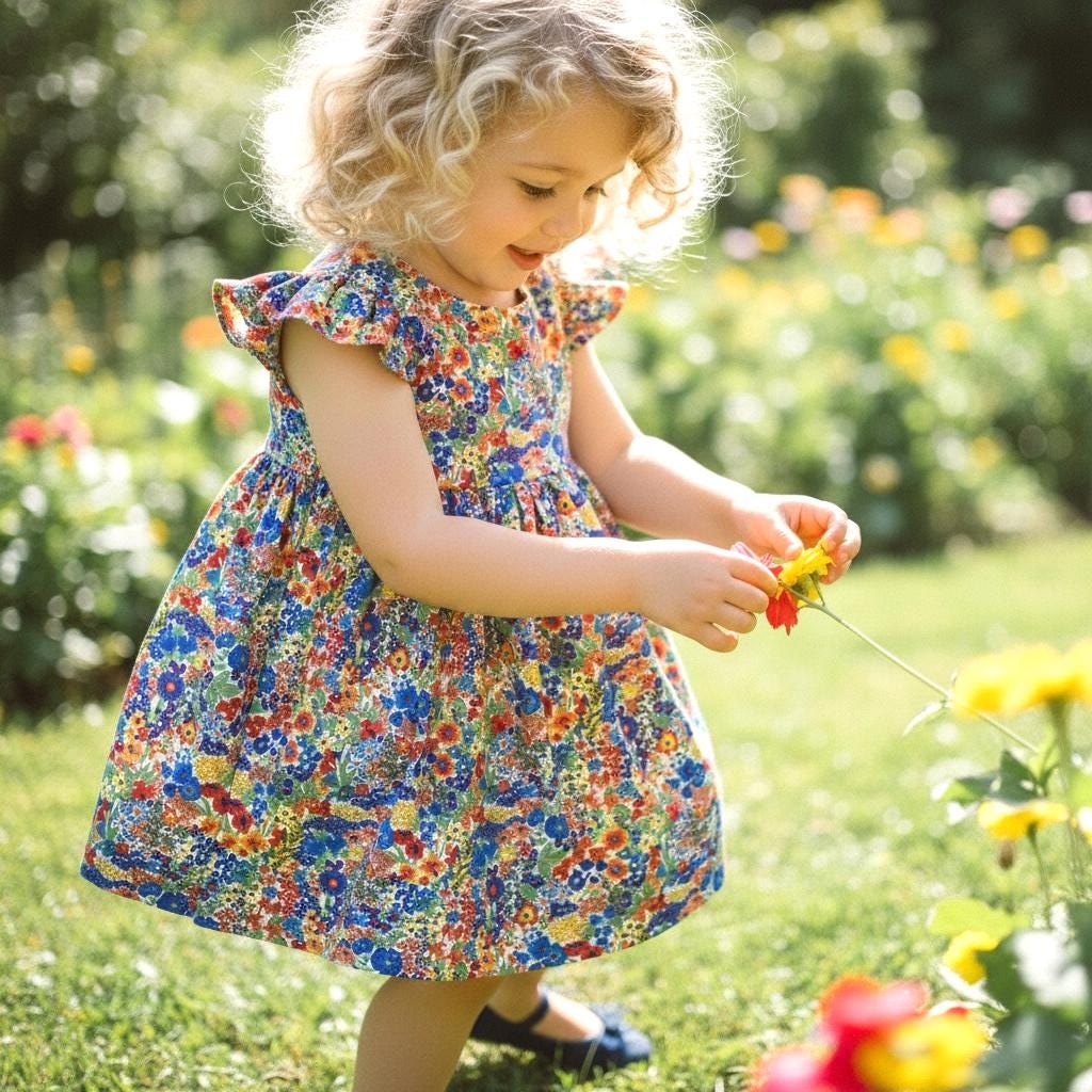 Liberty London Flutter Sleeveless Sun Dress, Rainbow Floral Print Handmade Cotton Tana Lawn Clothing