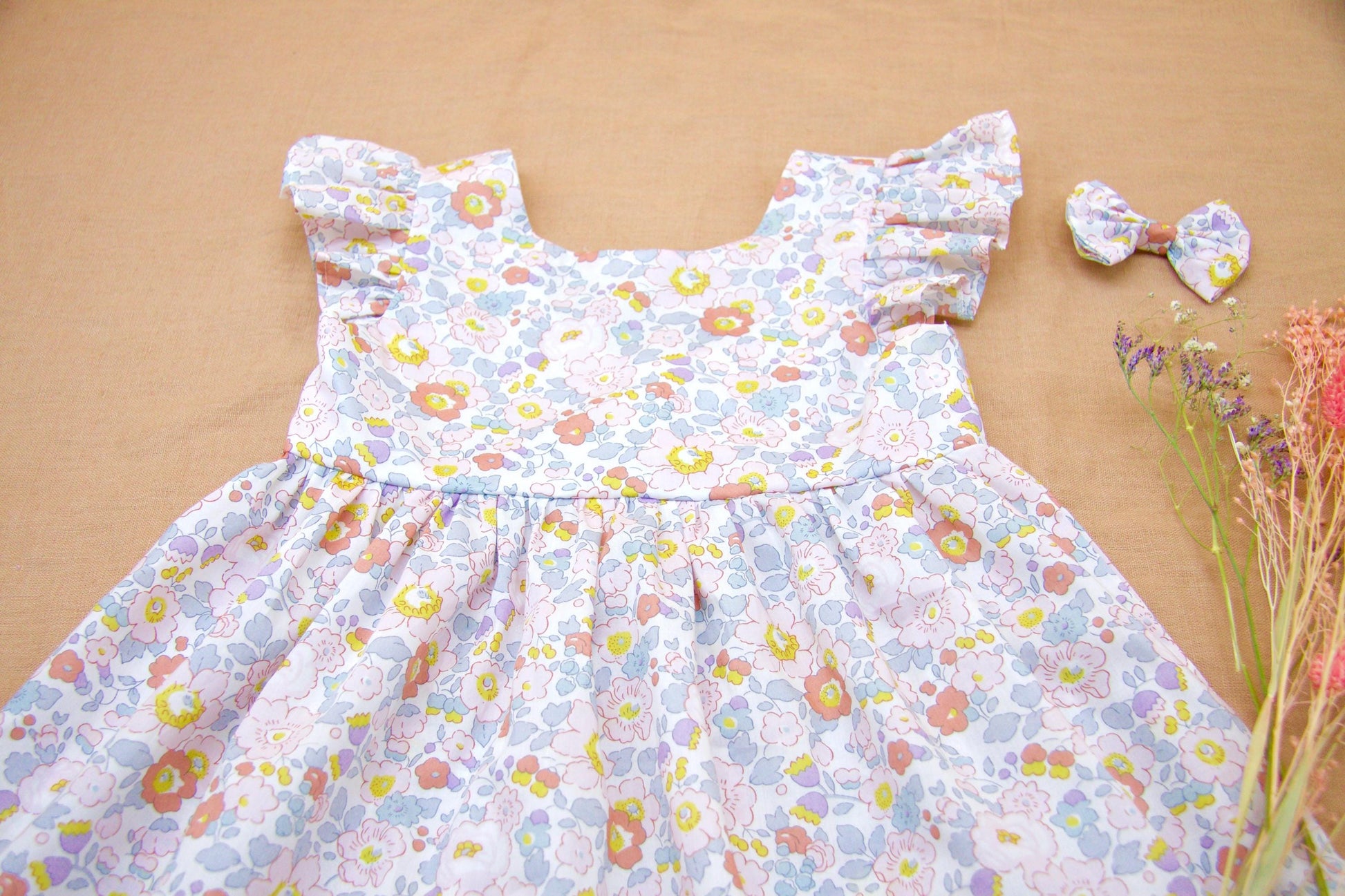 Liberty London Pastel Ruffle Sleeveless Sun Dress, Handmade Floral Print Cotton Tana Lawn Clothing