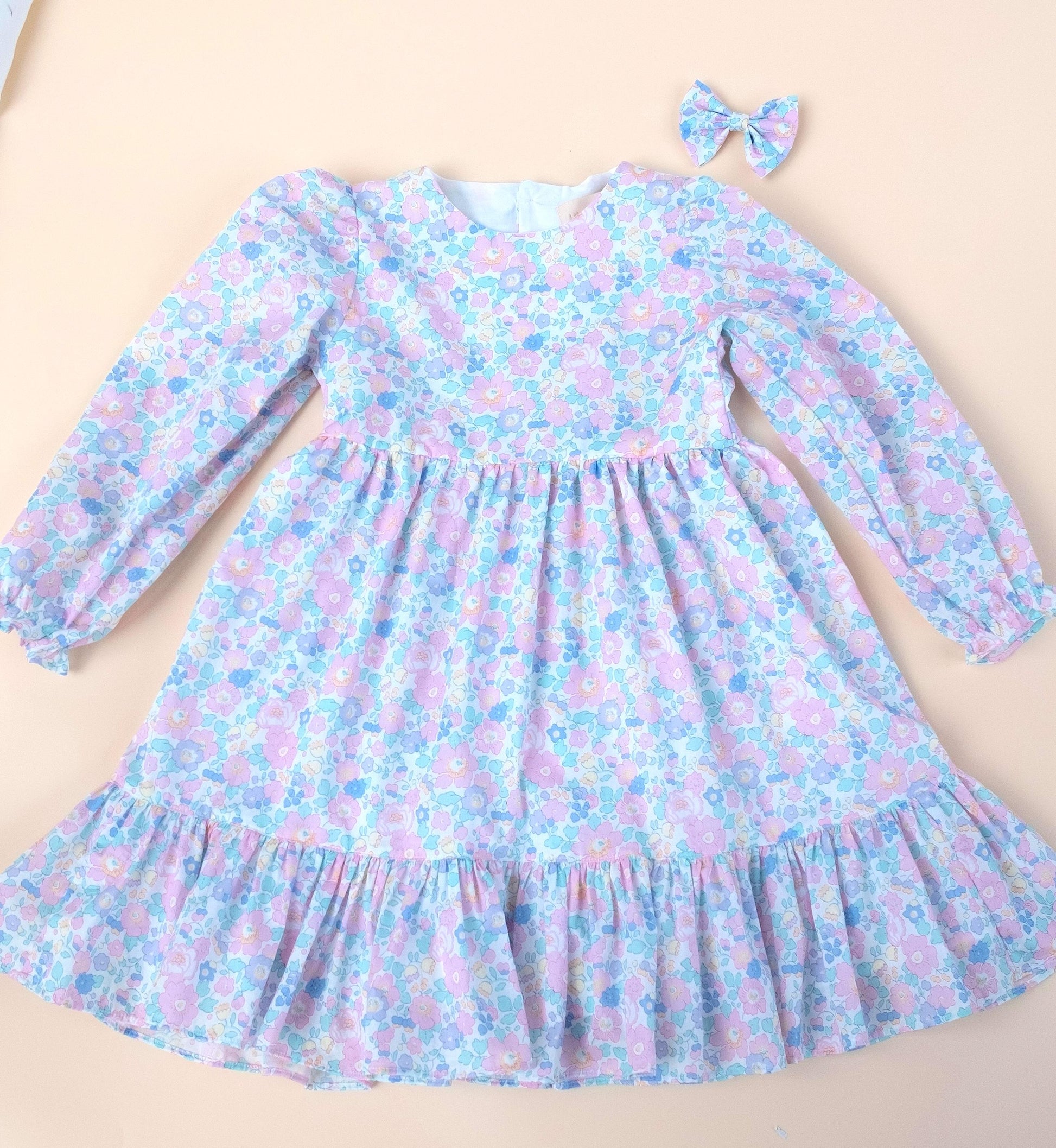 Liberty London Pastel Pink Long Sleeves Dress, Heirloom Wedding Flower Girl Gown, Handmade Clothing