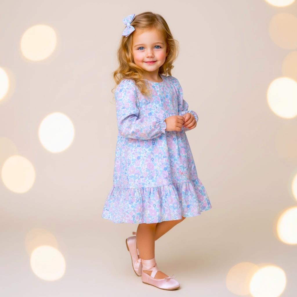 Liberty London Pastel Pink Long Sleeves Dress, Heirloom Wedding Flower Girl Gown, Handmade Clothing