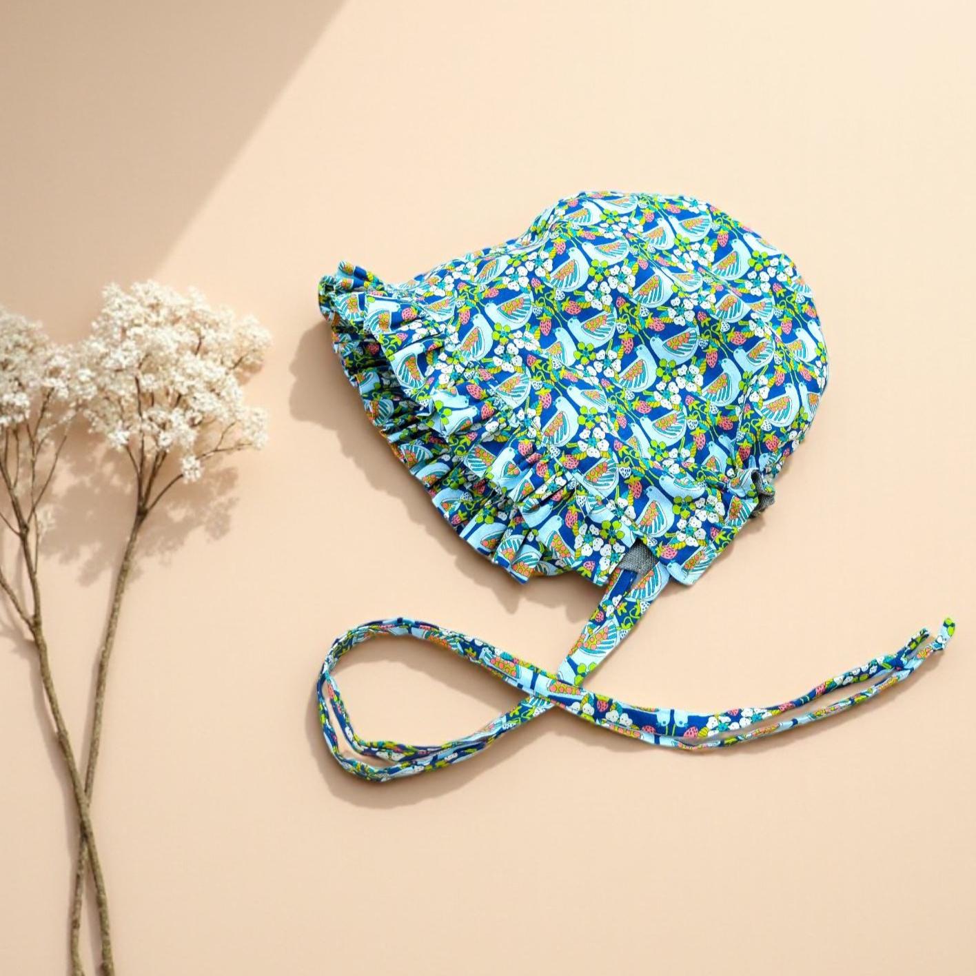 Liberty London Ruffle Brim Baby Bonnet, Strawberry Feast Print, Handmade Cotton Cap