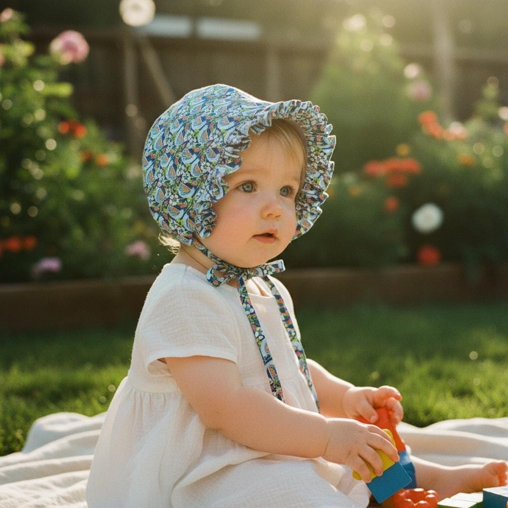 Liberty London Ruffle Brim Baby Bonnet, Strawberry Feast Print, Handmade Cotton Cap