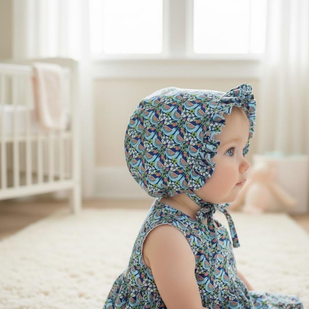 Liberty London Ruffle Brim Baby Bonnet, Strawberry Feast Print, Handmade Cotton Cap