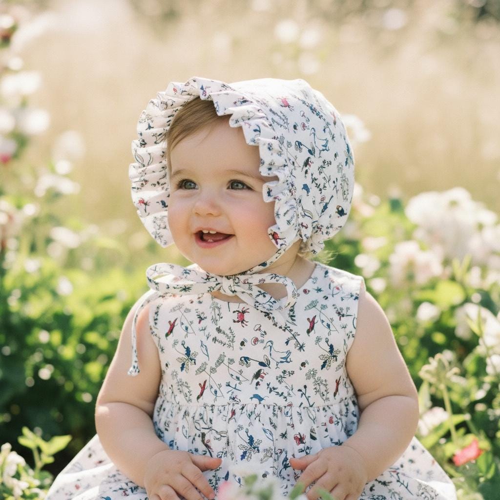 Liberty London Baby Bonnet, Floral Cotton Ruffle Sun Hat, Reversible Brimmed Hood