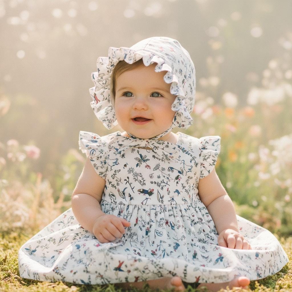 Liberty London Baby Bonnet, Floral Cotton Ruffle Sun Hat, Reversible Brimmed Hood