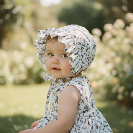 Liberty London Baby Bonnet, Floral Cotton Ruffle Sun Hat, Reversible Brimmed Hood