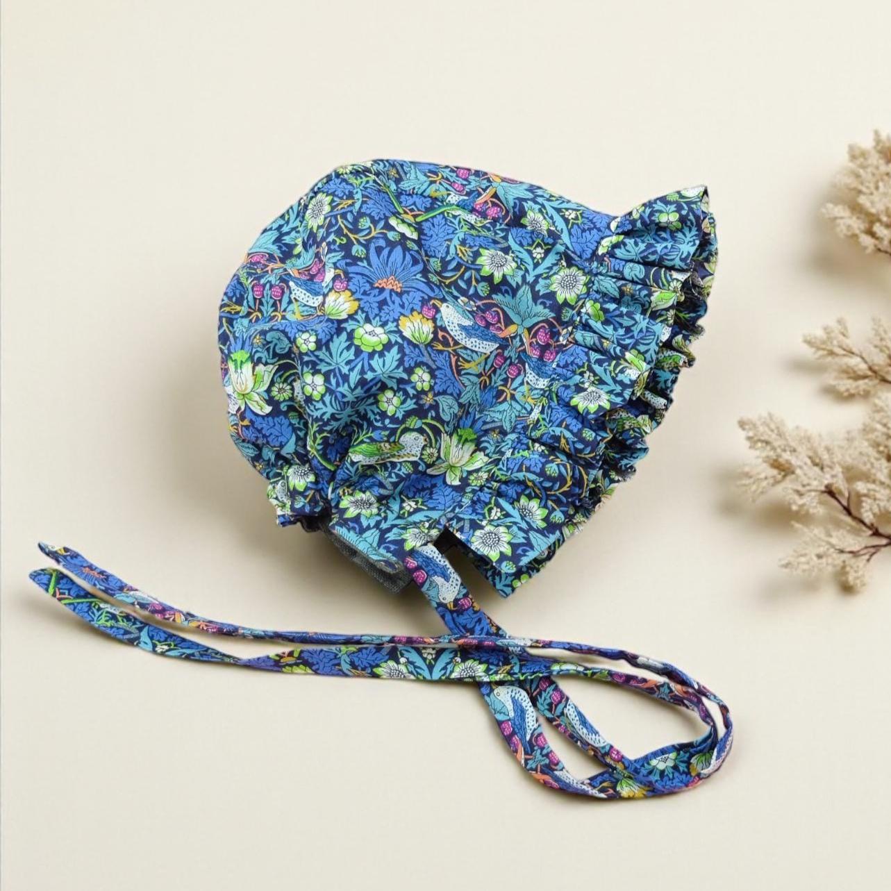 Liberty London Cotton Baby Bonnet, Strawberry Thief Print, Ruffle Brim