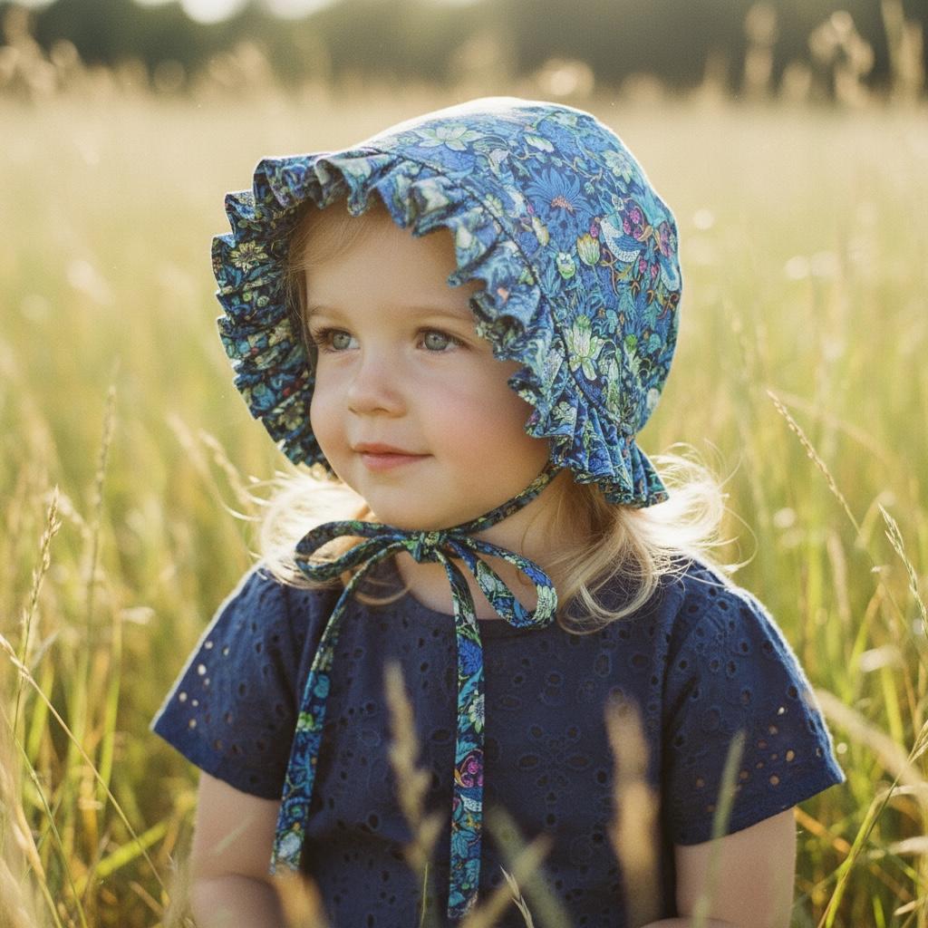Liberty London Cotton Baby Bonnet, Strawberry Thief Print, Ruffle Brim