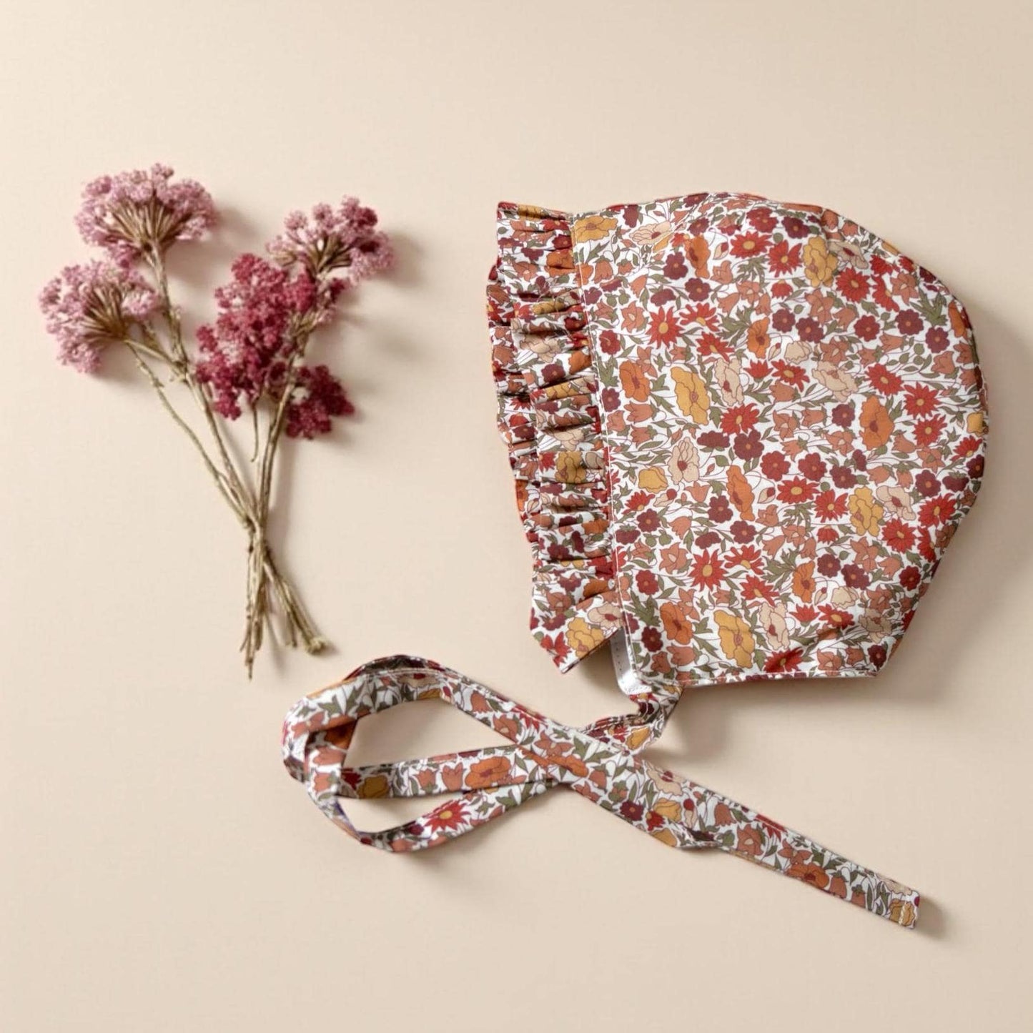 Liberty London Ditsy Floral Print Ruffle Brim Bonnet, Handmade Rust Mustard Cotton Sun Hat