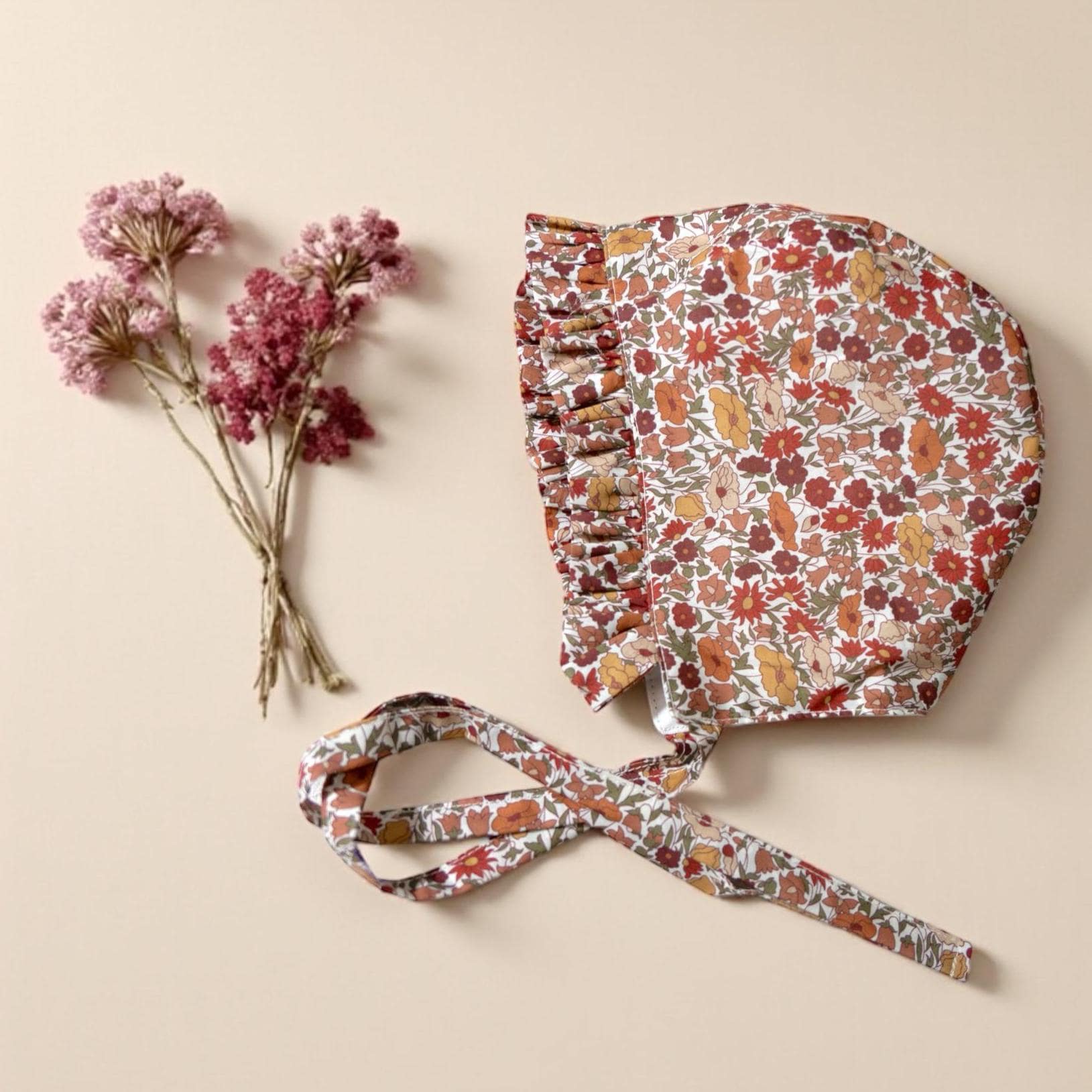 Liberty London Ditsy Floral Print Ruffle Brim Bonnet, Handmade Rust Mustard Cotton Sun Hat